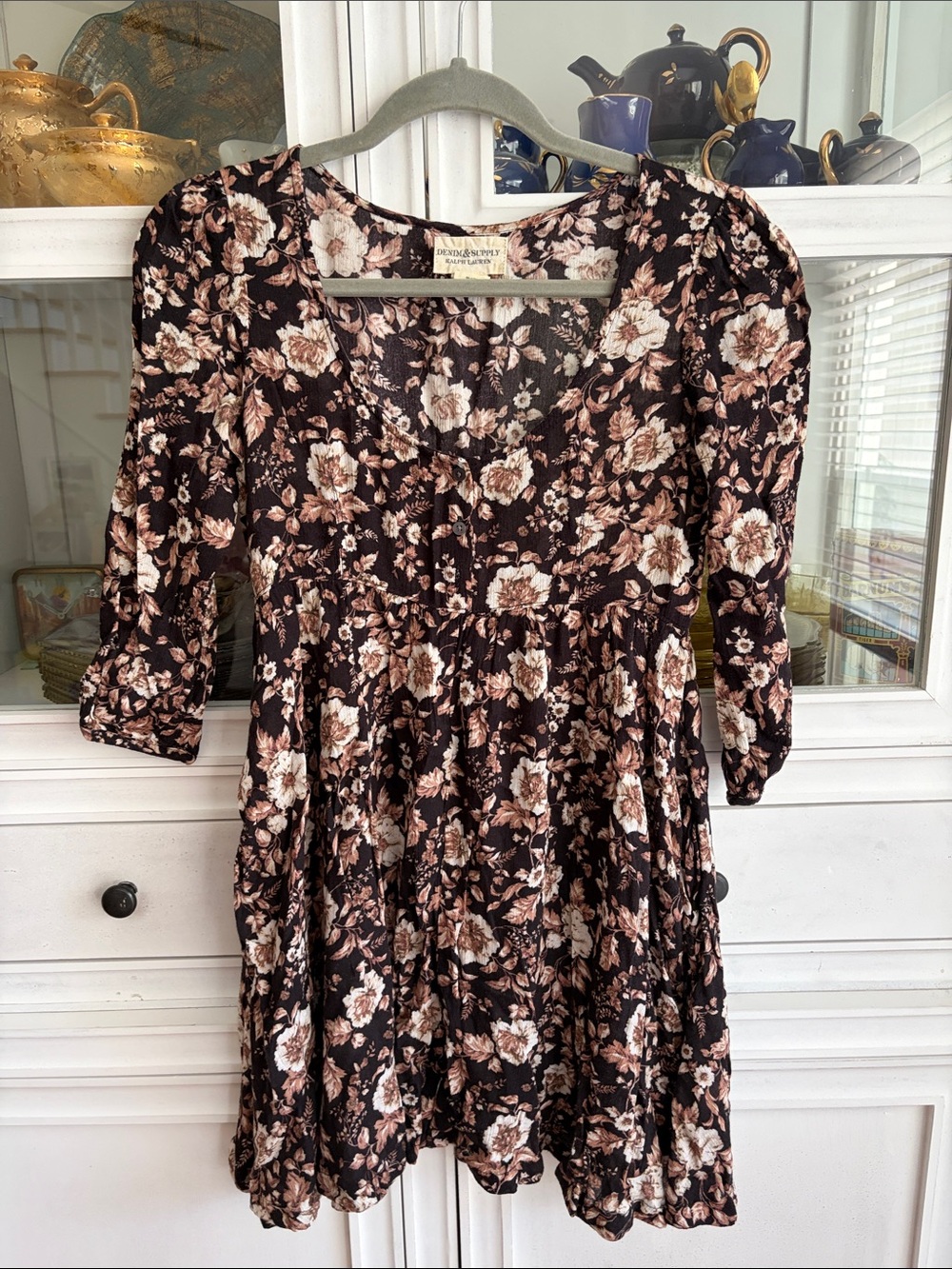 Denim & Supply Ralph Lauren Floral V-Neck Babydoll Dress in Brown Floral